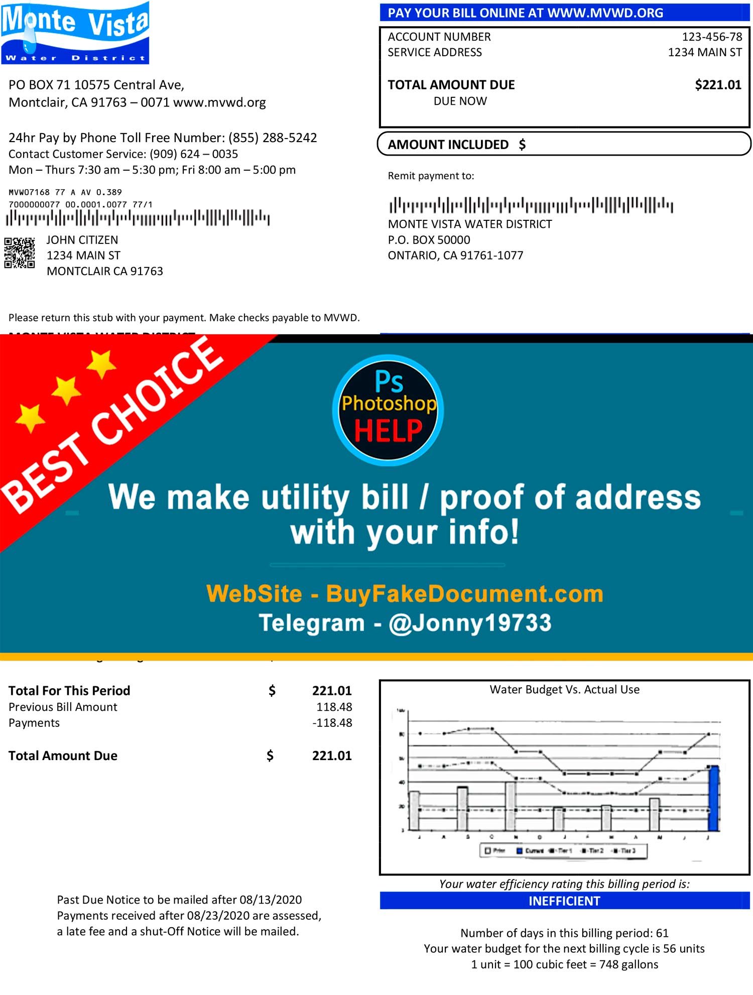California Monte Vista Water District utility bill Fake Utility bill